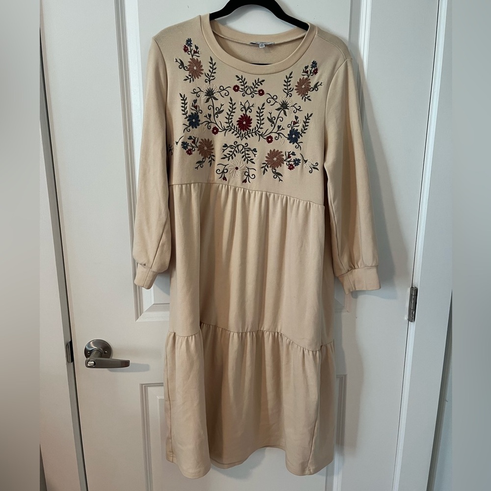 Polagram Cotton Blend Embroidered Sweater Long Sleeve Tiered Dress